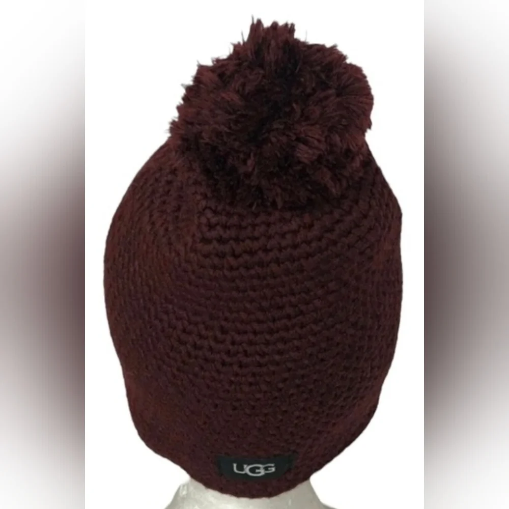 UGG Chuncky Women's Waffle Knit Pom Pom Slouchy Maroon Beanie, New - Picture 5 of 7
